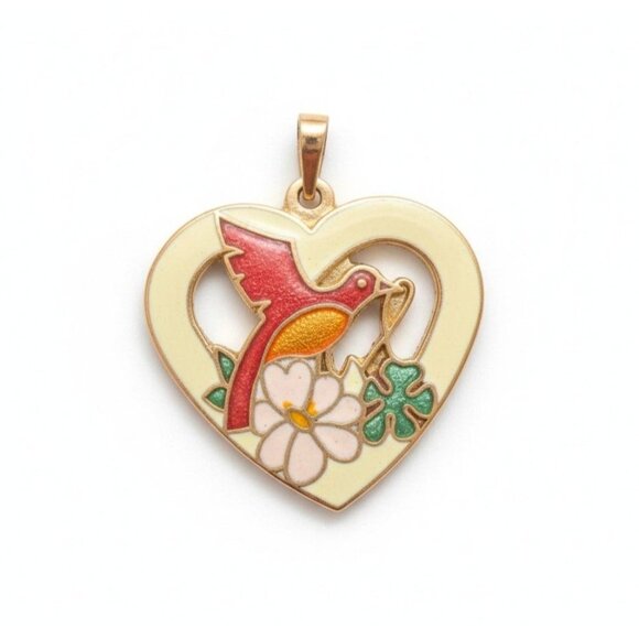 Heart Shaped Pendant With Enamel Hummingbird & Flower Design - Picture 1 of 6